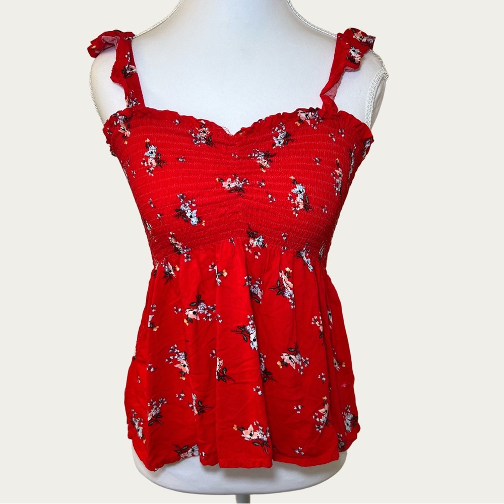 No Boundaries Red Floral‎ Ruffle Ruched Blouse Size Small